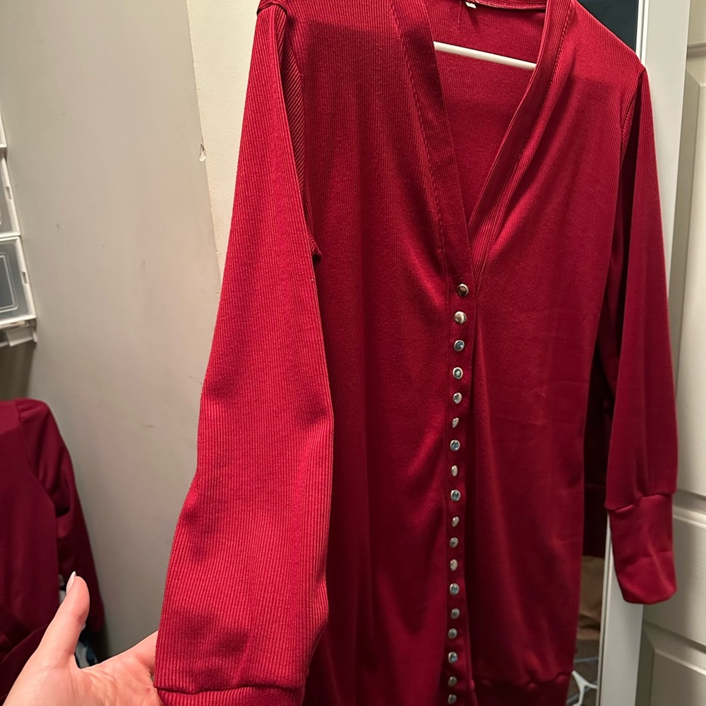 Size Large Long Red Ribbed Sweater with Silver Buttons